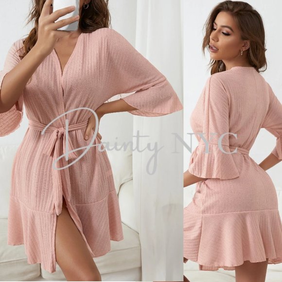Blush Pink Ribbed Ruffle Sleeve & Hem Robe - Picture 2 of 8